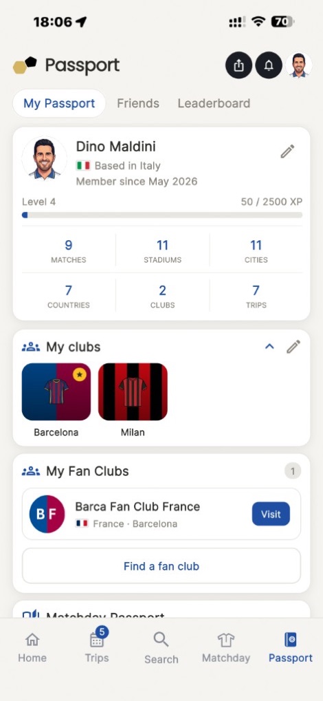 Passaporte de fã, clubes e carimbos